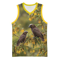 New Zealand Kaka Bird Basketball Jersey Kowhai Flower Landscape Style LT22 Unisex Green - Polynesian Pride