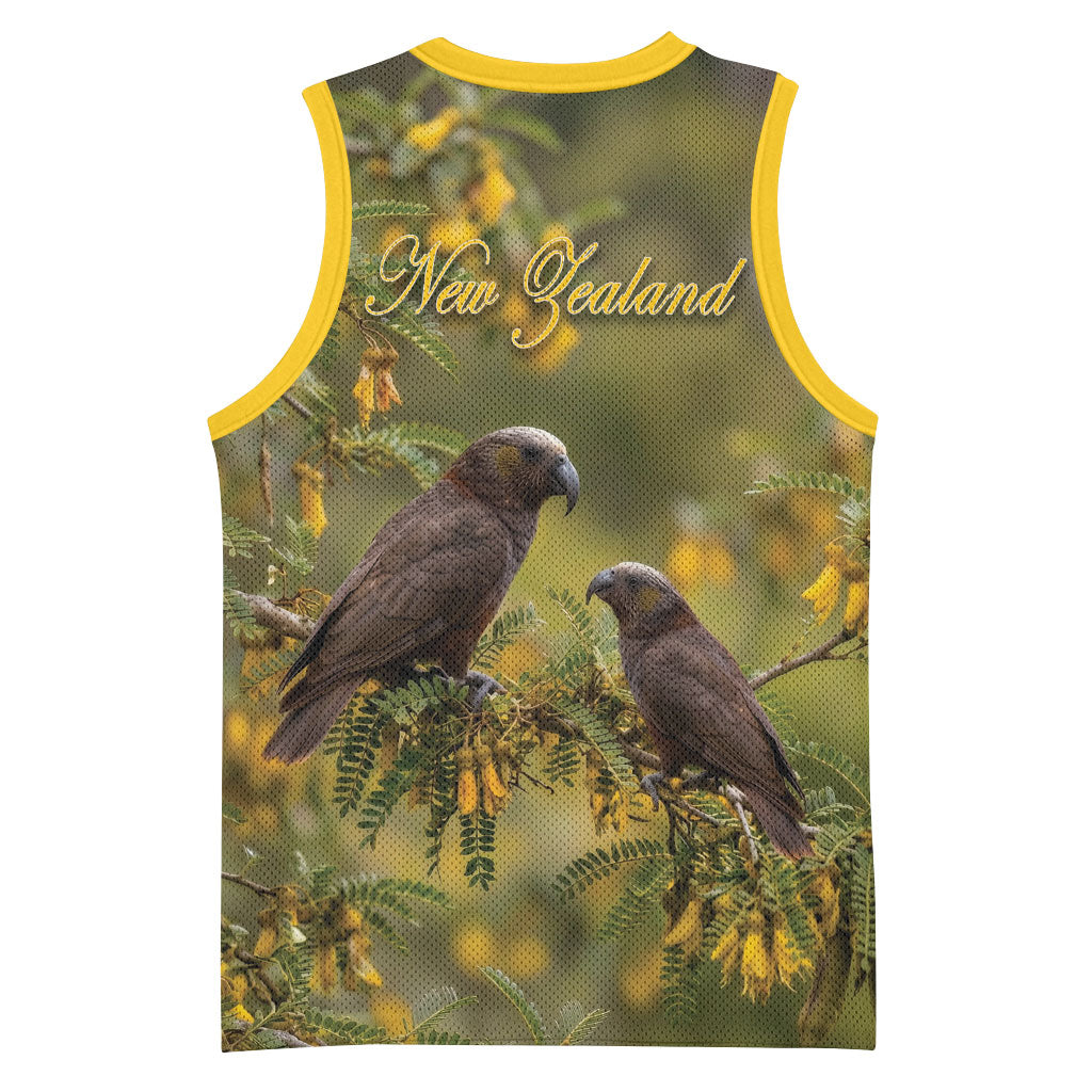New Zealand Kaka Bird Basketball Jersey Kowhai Flower Landscape Style LT22 - Polynesian Pride