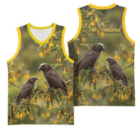 New Zealand Kaka Bird Basketball Jersey Kowhai Flower Landscape Style LT22 - Polynesian Pride
