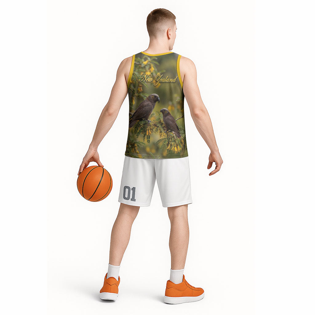 New Zealand Kaka Bird Basketball Jersey Kowhai Flower Landscape Style LT22 - Polynesian Pride