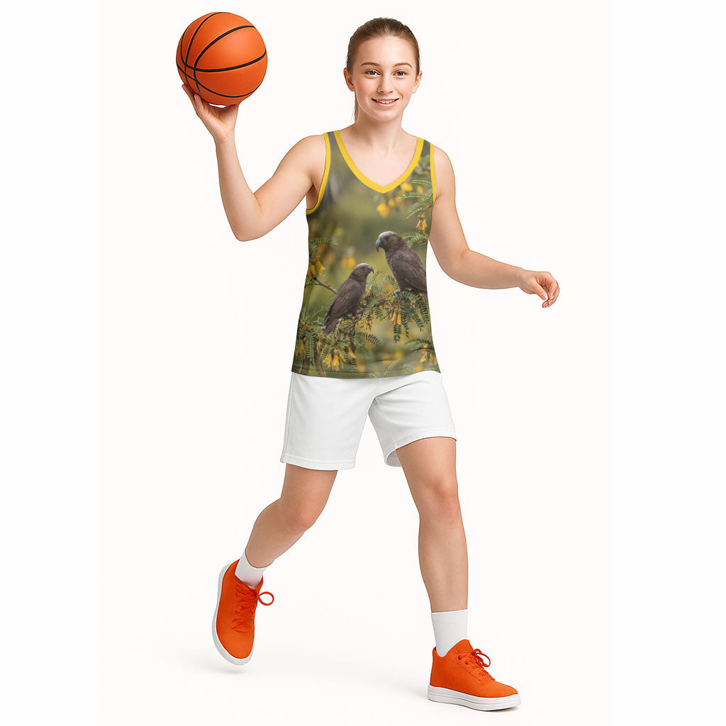 New Zealand Kaka Bird Basketball Jersey Kowhai Flower Landscape Style LT22 - Polynesian Pride