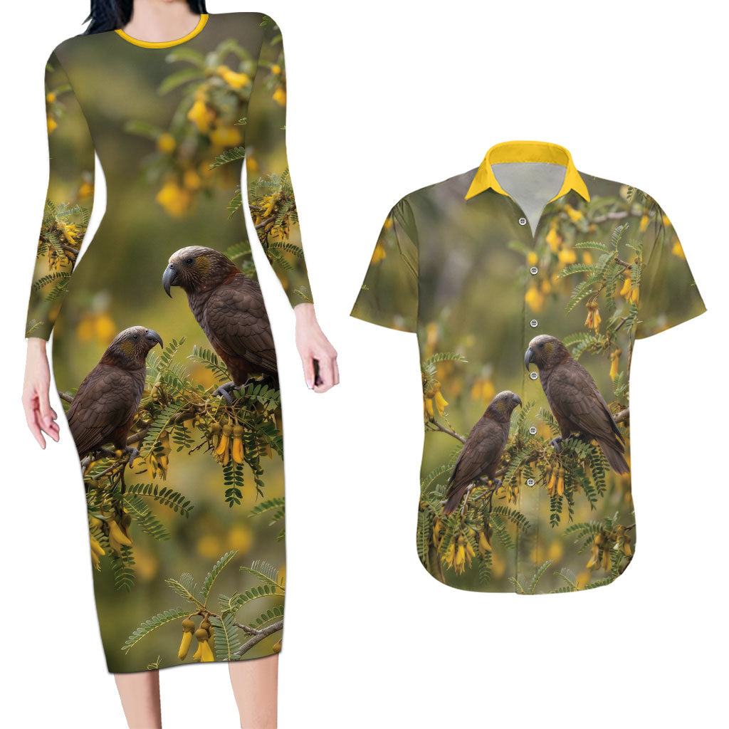 New Zealand Kaka Bird Couples Matching Long Sleeve Bodycon Dress and Hawaiian Shirt Kowhai Flower Landscape Style LT22 Green - Polynesian Pride