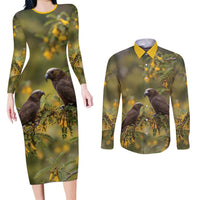 New Zealand Kaka Bird Couples Matching Long Sleeve Bodycon Dress and Long Sleeve Button Shirt Kowhai Flower Landscape Style LT22 Green - Polynesian Pride