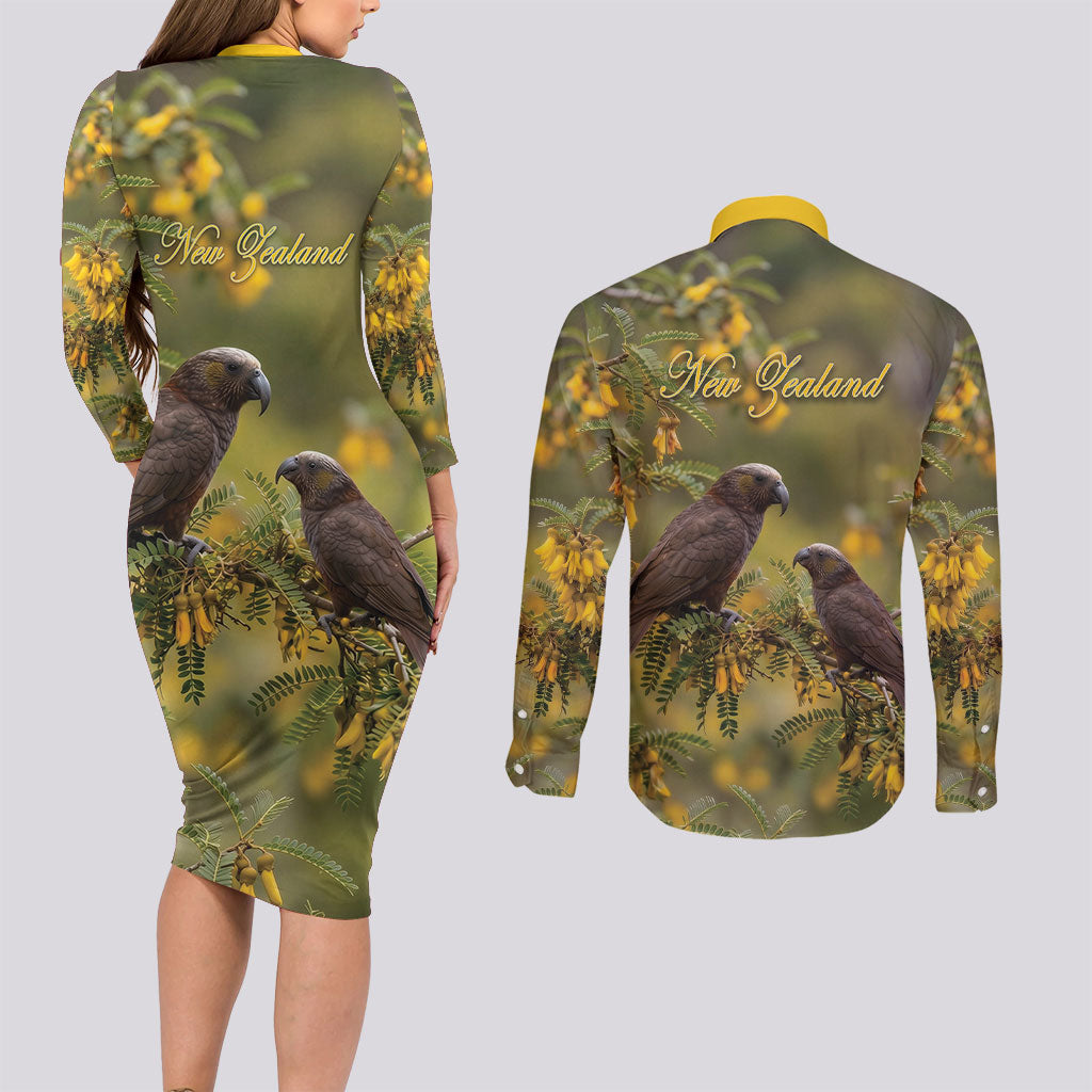 New Zealand Kaka Bird Couples Matching Long Sleeve Bodycon Dress and Long Sleeve Button Shirt Kowhai Flower Landscape Style LT22 - Polynesian Pride