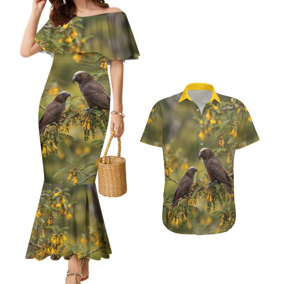 New Zealand Kaka Bird Couples Matching Mermaid Dress and Hawaiian Shirt Kowhai Flower Landscape Style LT22 Green - Polynesian Pride