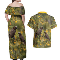 New Zealand Kaka Bird Couples Matching Off Shoulder Maxi Dress and Hawaiian Shirt Kowhai Flower Landscape Style LT22 - Polynesian Pride