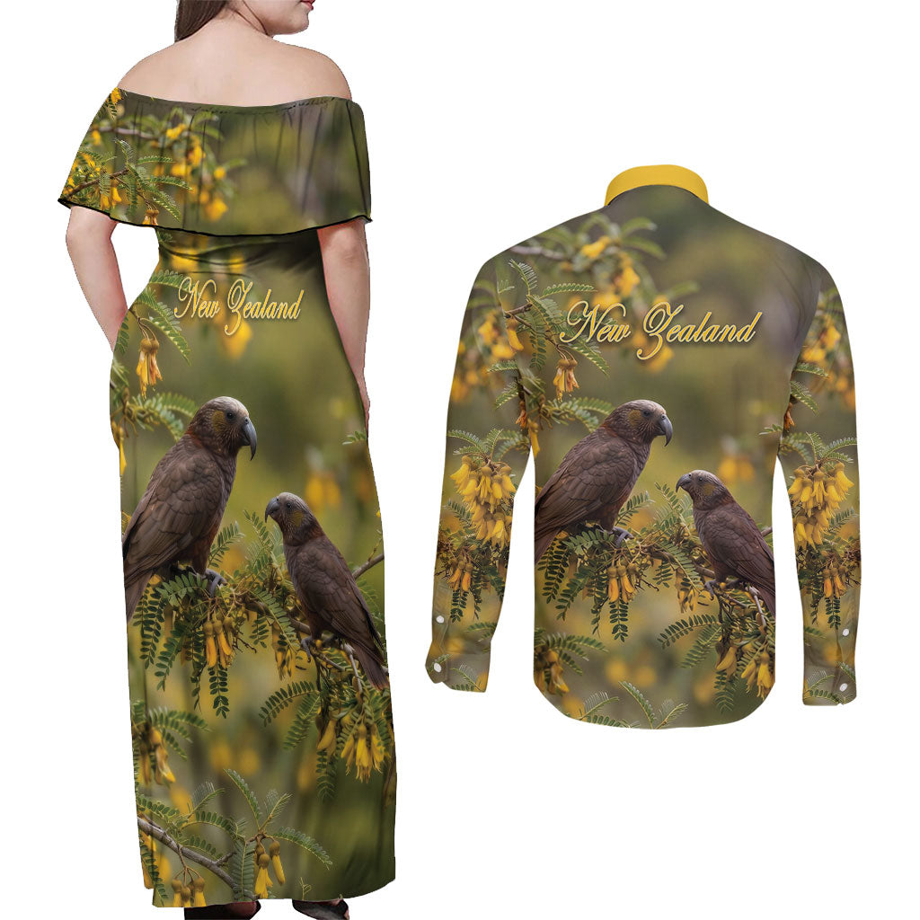 New Zealand Kaka Bird Couples Matching Off Shoulder Maxi Dress and Long Sleeve Button Shirt Kowhai Flower Landscape Style LT22 - Polynesian Pride
