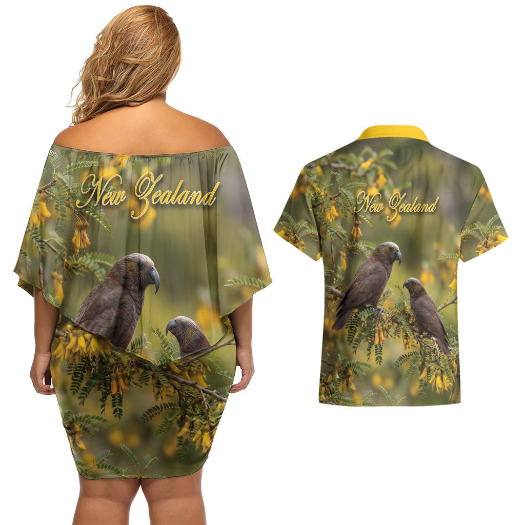 New Zealand Kaka Bird Couples Matching Off Shoulder Short Dress and Hawaiian Shirt Kowhai Flower Landscape Style LT22 - Polynesian Pride