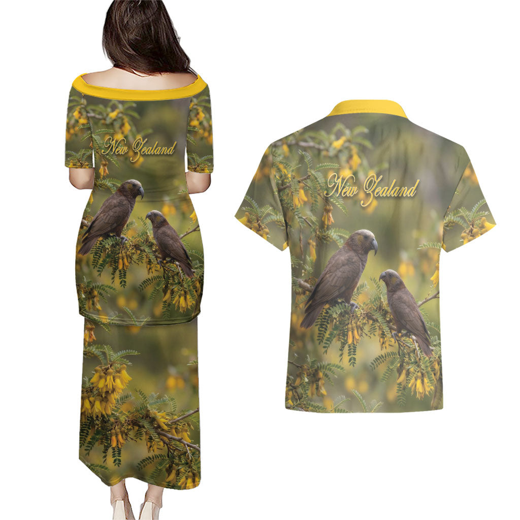 New Zealand Kaka Bird Couples Matching Puletasi and Hawaiian Shirt Kowhai Flower Landscape Style LT22 - Polynesian Pride