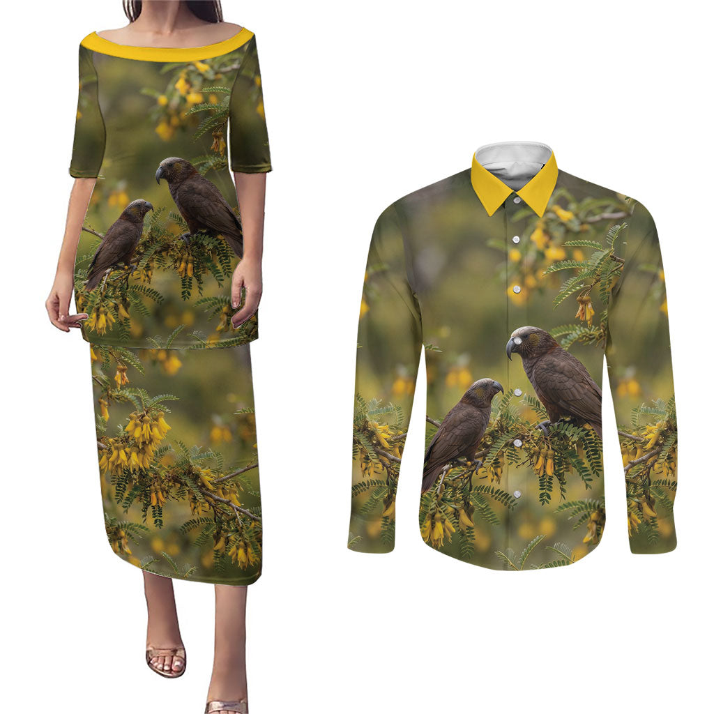 New Zealand Kaka Bird Couples Matching Puletasi and Long Sleeve Button Shirt Kowhai Flower Landscape Style LT22 Green - Polynesian Pride