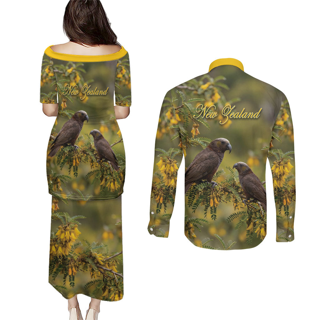 New Zealand Kaka Bird Couples Matching Puletasi and Long Sleeve Button Shirt Kowhai Flower Landscape Style LT22 - Polynesian Pride