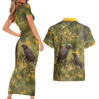 New Zealand Kaka Bird Couples Matching Short Sleeve Bodycon Dress and Hawaiian Shirt Kowhai Flower Landscape Style LT22 - Polynesian Pride