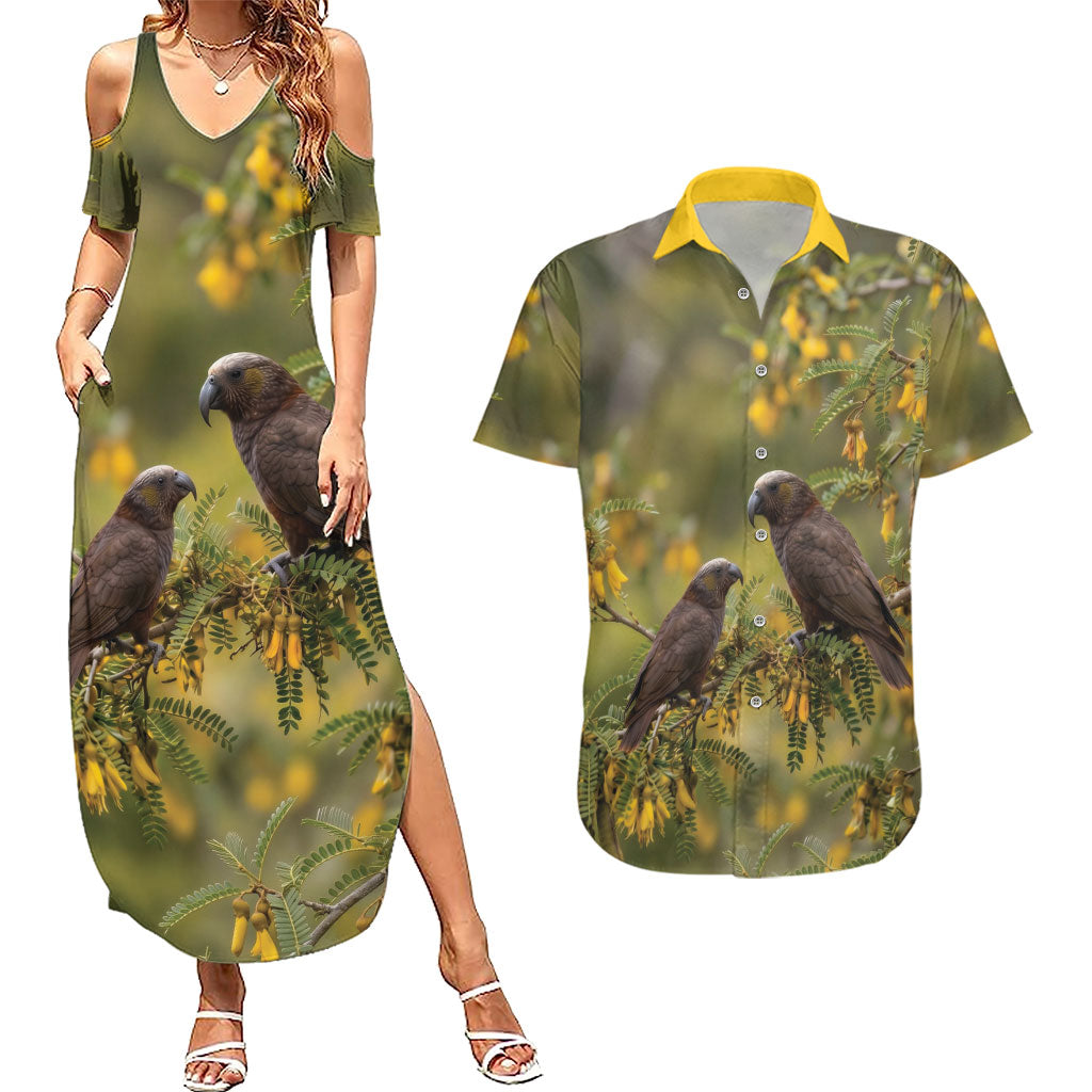 New Zealand Kaka Bird Couples Matching Summer Maxi Dress and Hawaiian Shirt Kowhai Flower Landscape Style LT22 Green - Polynesian Pride
