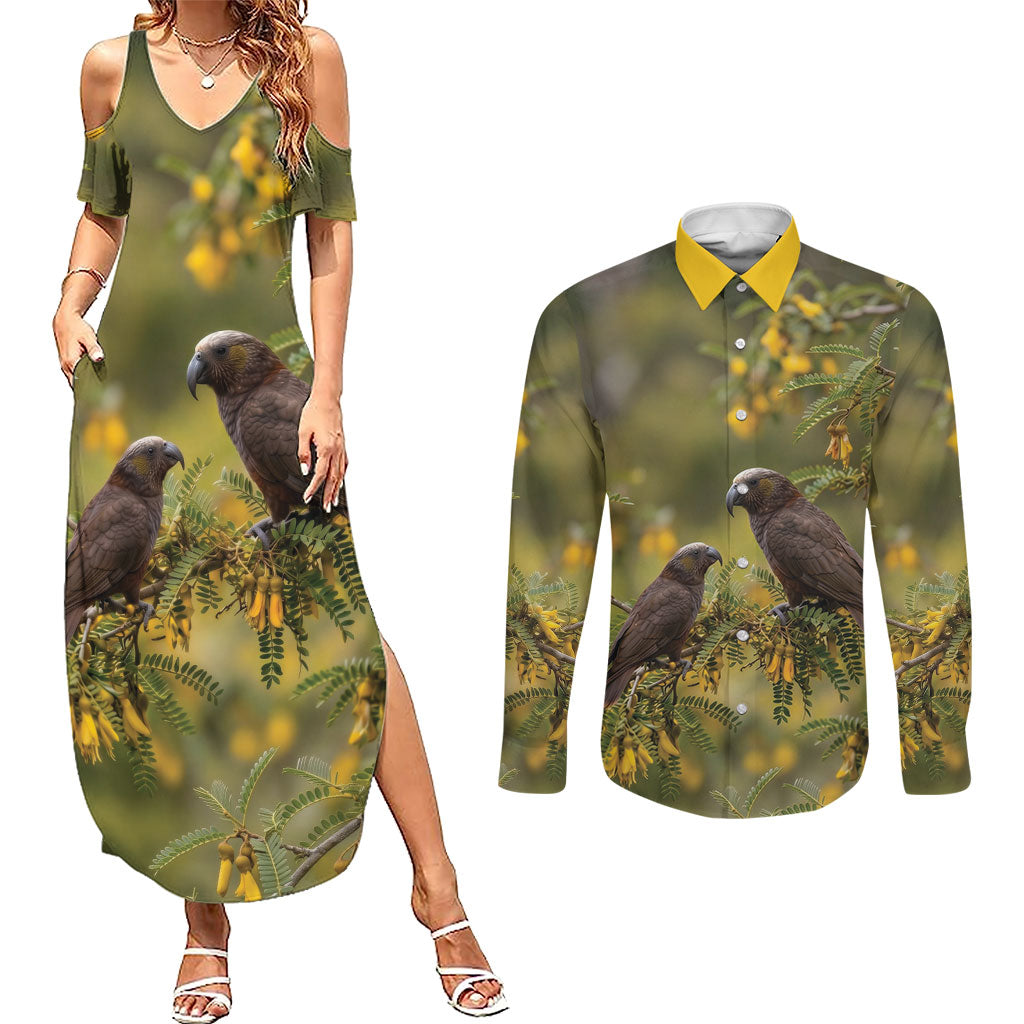 New Zealand Kaka Bird Couples Matching Summer Maxi Dress and Long Sleeve Button Shirt Kowhai Flower Landscape Style LT22 Green - Polynesian Pride