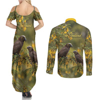 New Zealand Kaka Bird Couples Matching Summer Maxi Dress and Long Sleeve Button Shirt Kowhai Flower Landscape Style LT22 - Polynesian Pride
