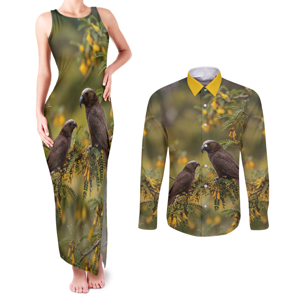New Zealand Kaka Bird Couples Matching Tank Maxi Dress and Long Sleeve Button Shirt Kowhai Flower Landscape Style LT22 Green - Polynesian Pride
