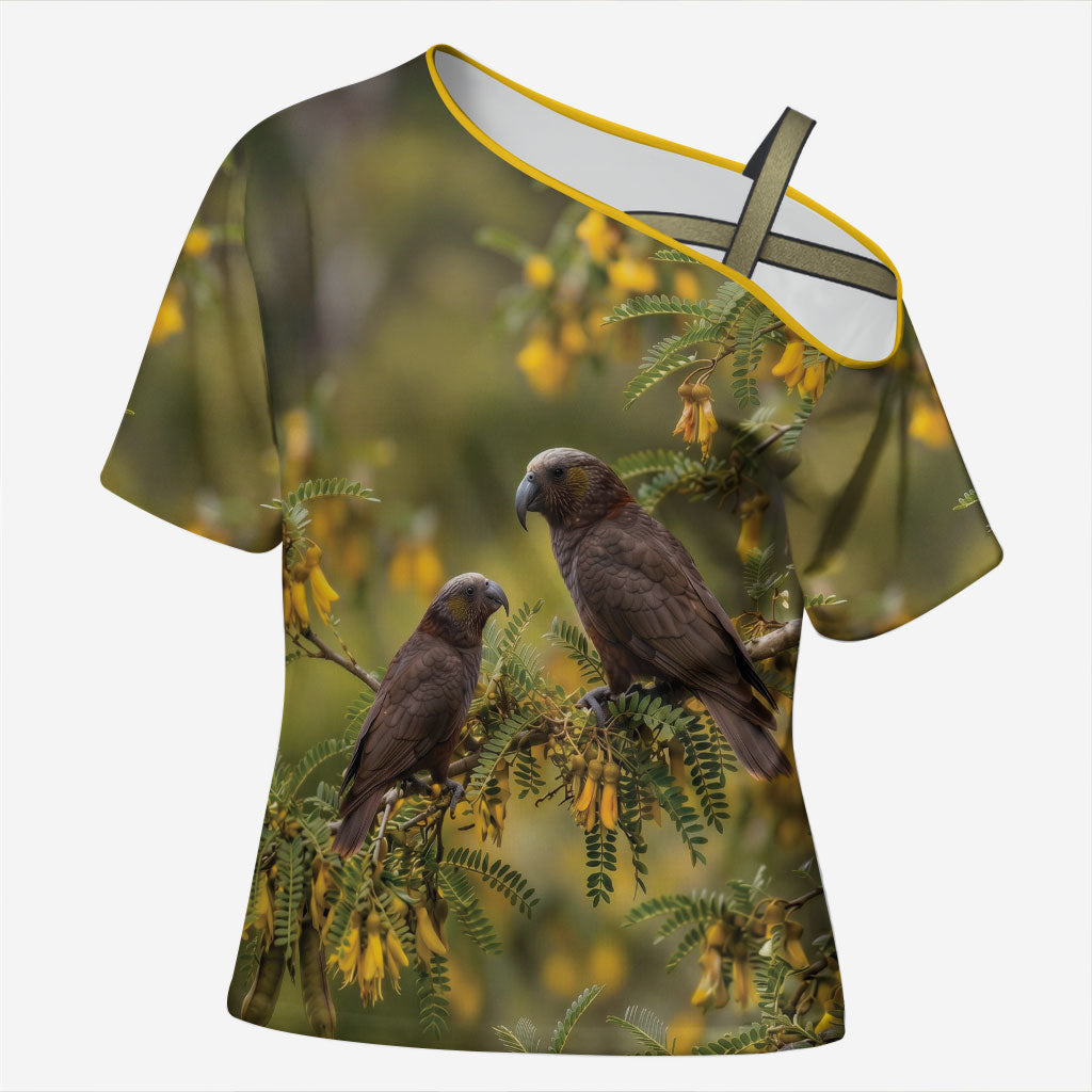 New Zealand Kaka Bird Cross Shoulder Shirt Kowhai Flower Landscape Style LT22 Female Green - Polynesian Pride