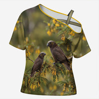 New Zealand Kaka Bird Cross Shoulder Shirt Kowhai Flower Landscape Style LT22 Female Green - Polynesian Pride