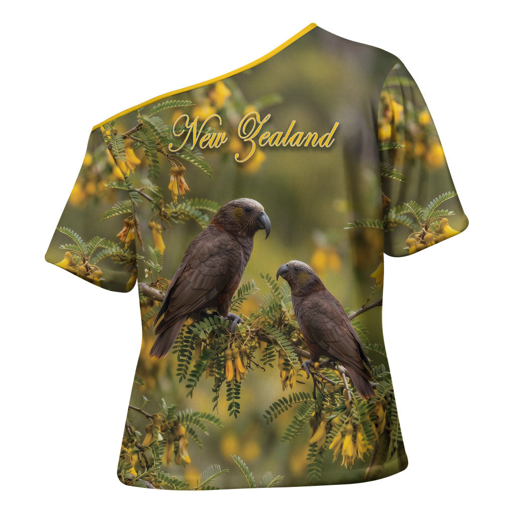 New Zealand Kaka Bird Cross Shoulder Shirt Kowhai Flower Landscape Style LT22 - Polynesian Pride