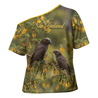 New Zealand Kaka Bird Cross Shoulder Shirt Kowhai Flower Landscape Style LT22 - Polynesian Pride