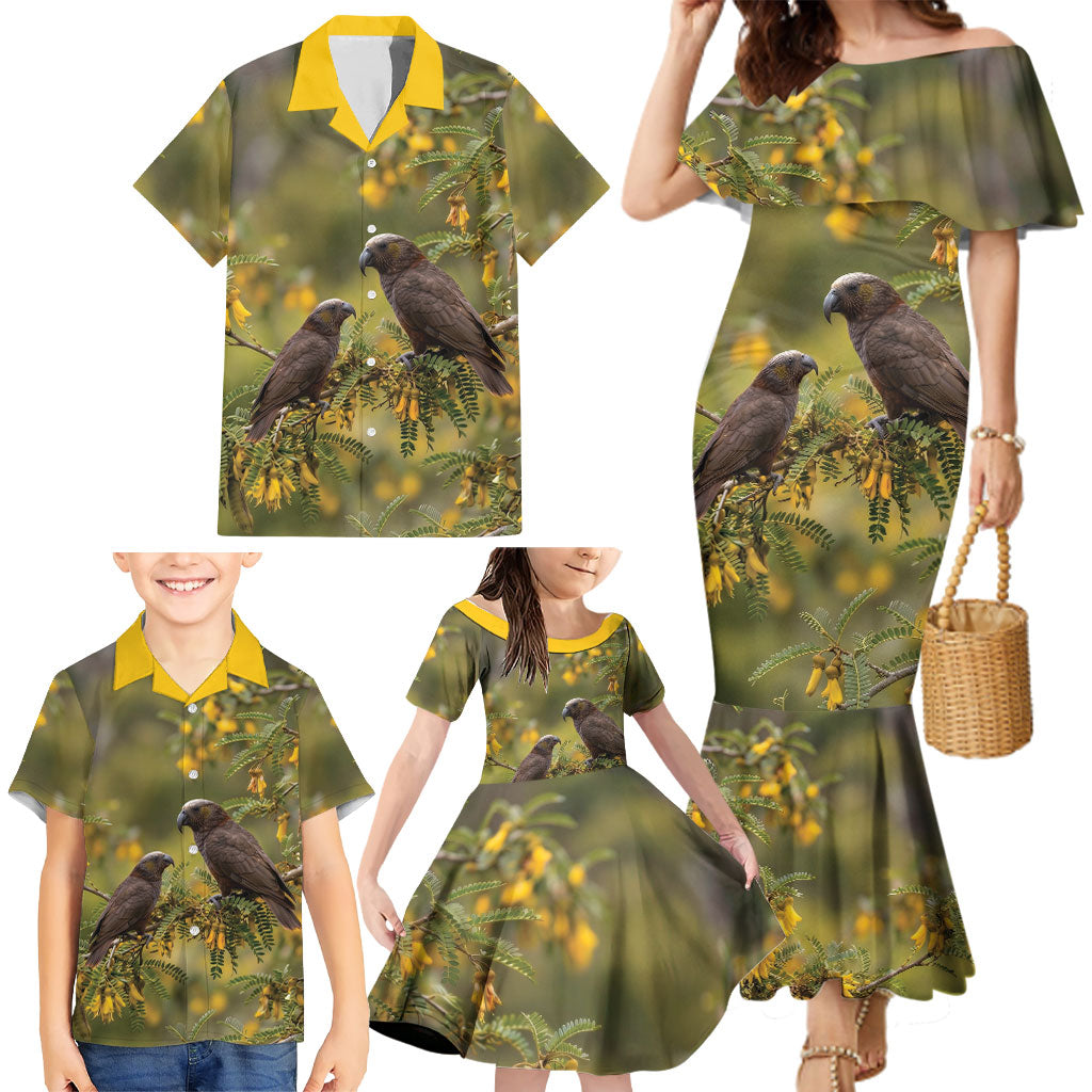 New Zealand Kaka Bird Family Matching Mermaid Dress and Hawaiian Shirt Kowhai Flower Landscape Style LT22 - Polynesian Pride