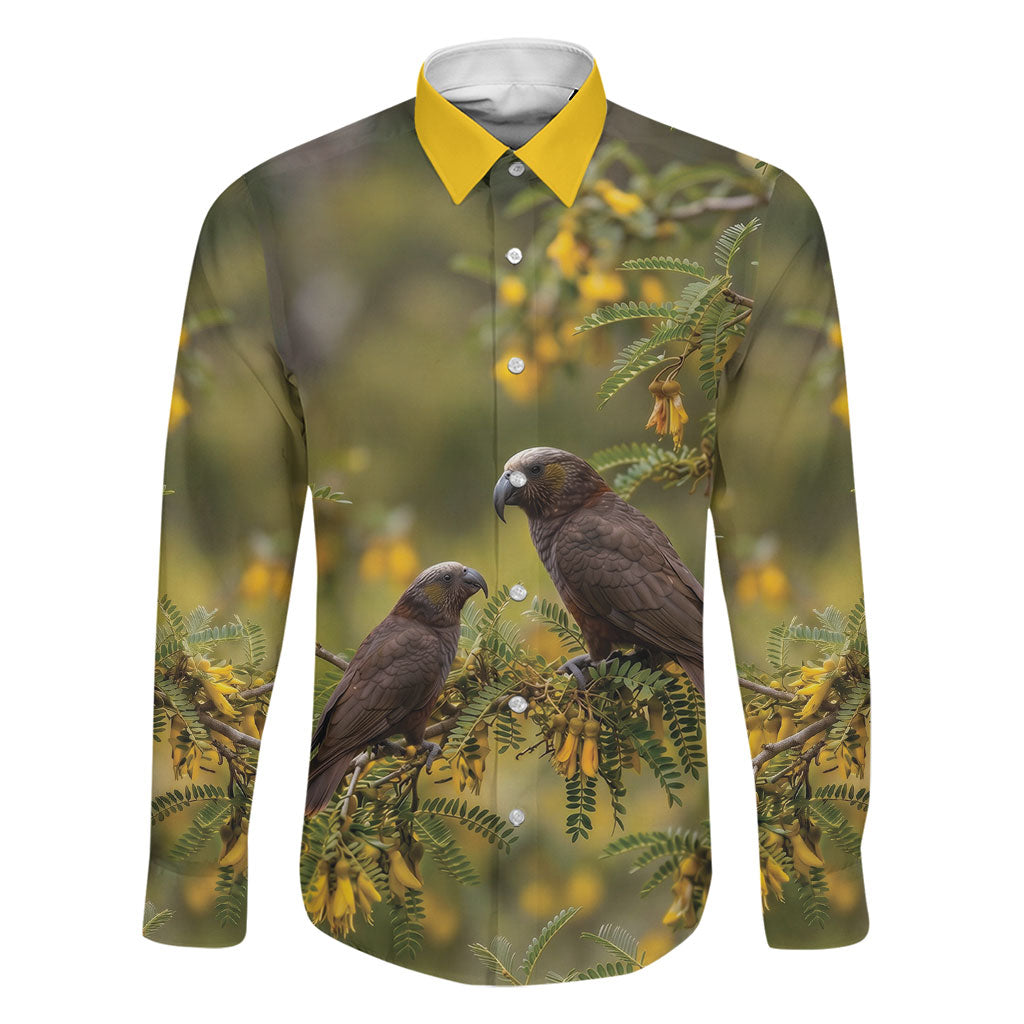 New Zealand Kaka Bird Family Matching Mermaid Dress and Hawaiian Shirt Kowhai Flower Landscape Style LT22 Dad's Shirt - Long Sleeve Green - Polynesian Pride