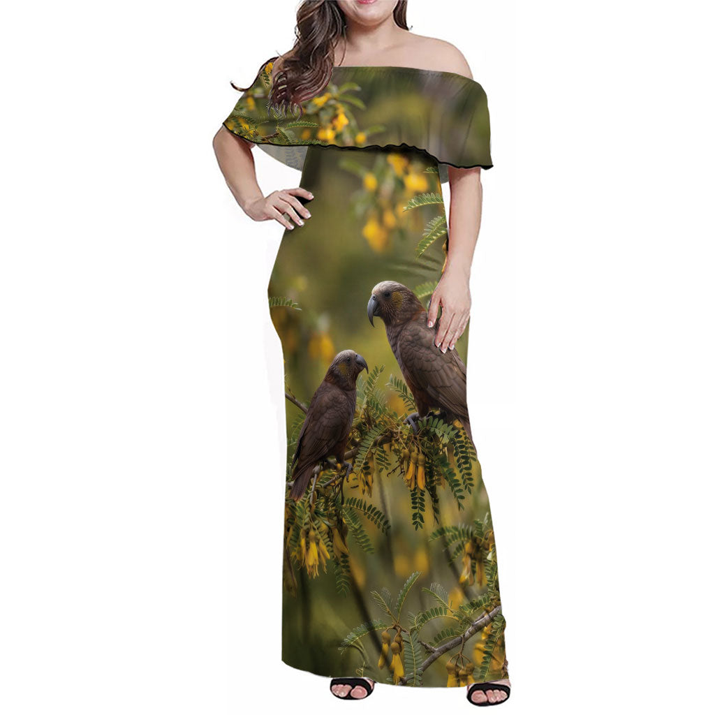 New Zealand Kaka Bird Family Matching Off Shoulder Maxi Dress and Hawaiian Shirt Kowhai Flower Landscape Style LT22 Mom's Dress Green - Polynesian Pride