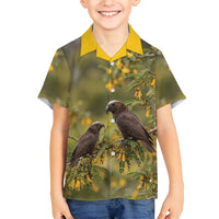 New Zealand Kaka Bird Family Matching Off Shoulder Short Dress and Hawaiian Shirt Kowhai Flower Landscape Style LT22 Son's Shirt Green - Polynesian Pride