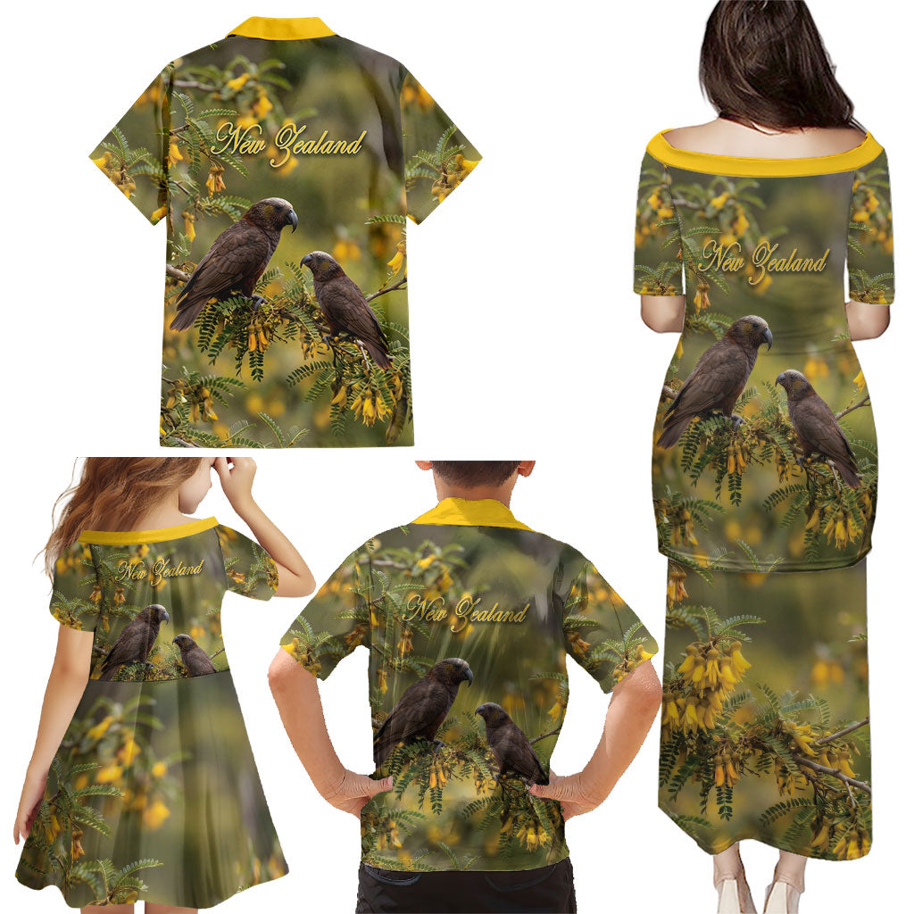 New Zealand Kaka Bird Family Matching Puletasi and Hawaiian Shirt Kowhai Flower Landscape Style LT22 - Polynesian Pride