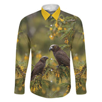 New Zealand Kaka Bird Family Matching Puletasi and Hawaiian Shirt Kowhai Flower Landscape Style LT22 Dad's Shirt - Long Sleeve Green - Polynesian Pride