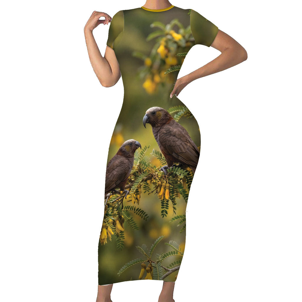 New Zealand Kaka Bird Family Matching Short Sleeve Bodycon Dress and Hawaiian Shirt Kowhai Flower Landscape Style LT22 Mom's Dress Green - Polynesian Pride