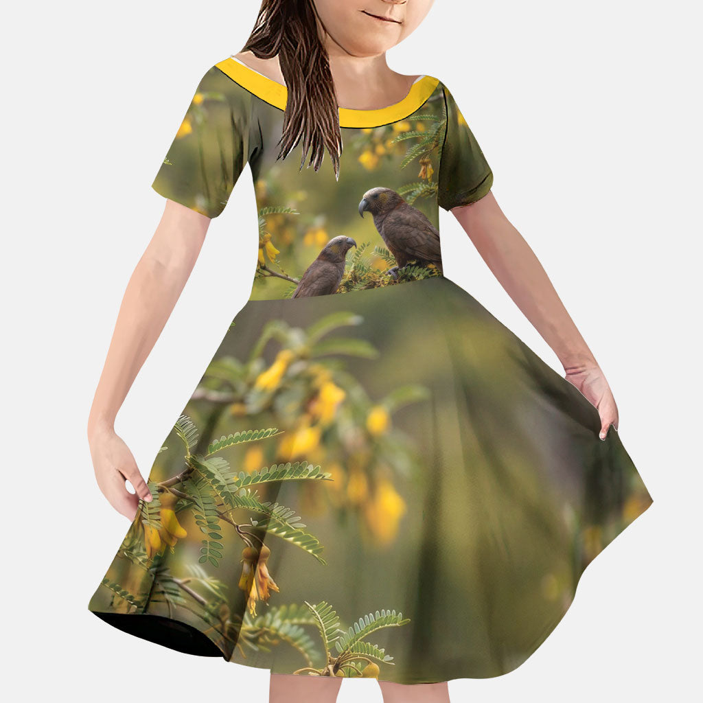 New Zealand Kaka Bird Family Matching Summer Maxi Dress and Hawaiian Shirt Kowhai Flower Landscape Style LT22 Daughter's Dress Green - Polynesian Pride