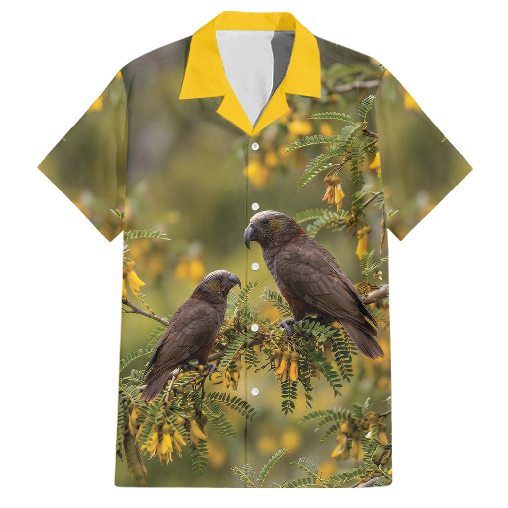 New Zealand Kaka Bird Family Matching Summer Maxi Dress and Hawaiian Shirt Kowhai Flower Landscape Style LT22 Dad's Shirt - Short Sleeve Green - Polynesian Pride