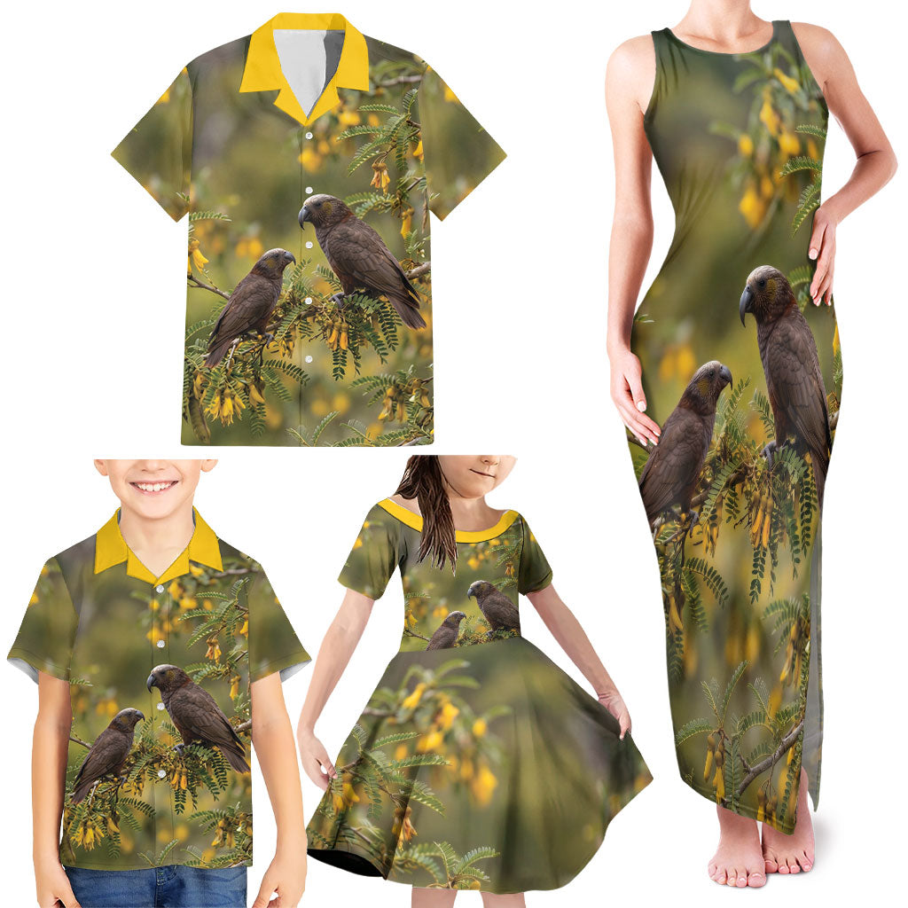 New Zealand Kaka Bird Family Matching Tank Maxi Dress and Hawaiian Shirt Kowhai Flower Landscape Style LT22 - Polynesian Pride