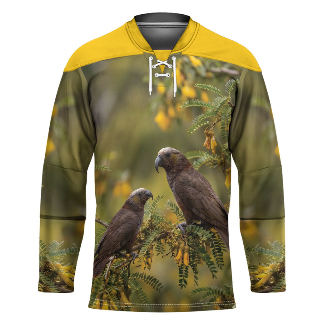 New Zealand Kaka Bird Hockey Jersey Kowhai Flower Landscape Style LT22 Unisex Green - Polynesian Pride