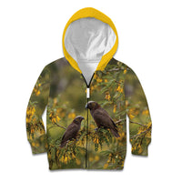 New Zealand Kaka Bird Kid Hoodie Kowhai Flower Landscape Style LT22 Zip Hoodie Green - Polynesian Pride