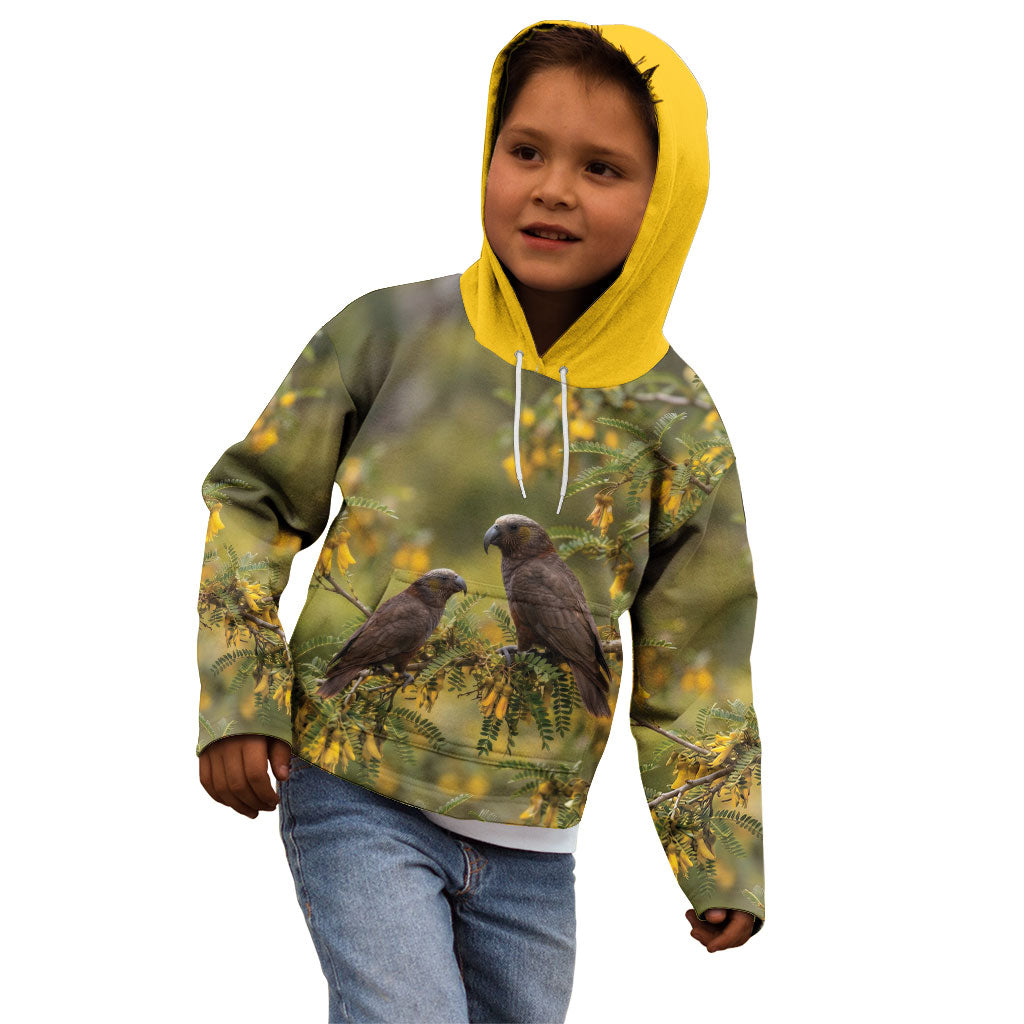 New Zealand Kaka Bird Kid Hoodie Kowhai Flower Landscape Style LT22 - Polynesian Pride