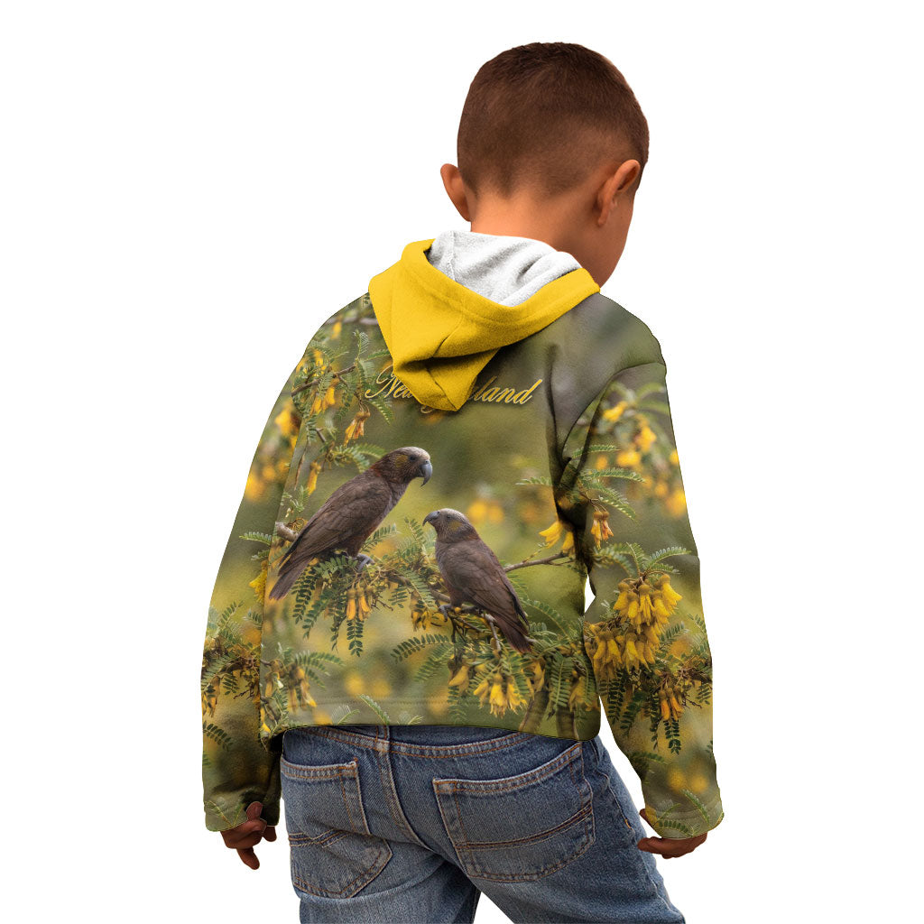 New Zealand Kaka Bird Kid Hoodie Kowhai Flower Landscape Style LT22 - Polynesian Pride