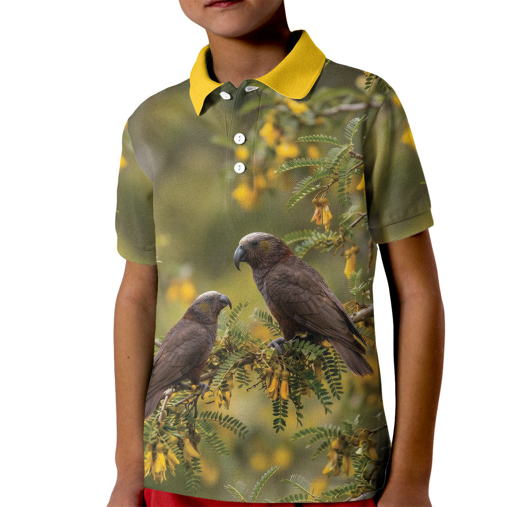 New Zealand Kaka Bird Kid Polo Shirt Kowhai Flower Landscape Style LT22 Kid Green - Polynesian Pride