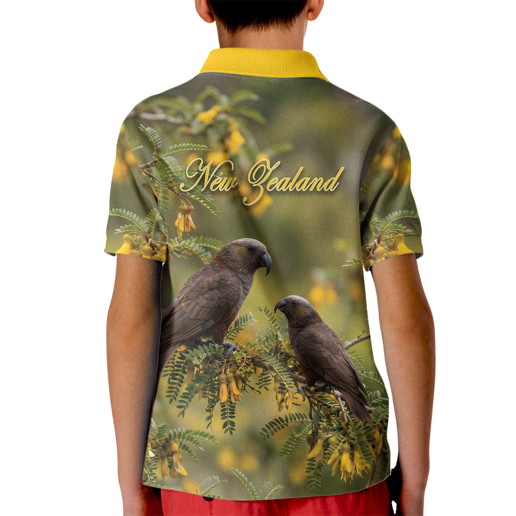 New Zealand Kaka Bird Kid Polo Shirt Kowhai Flower Landscape Style LT22 - Polynesian Pride
