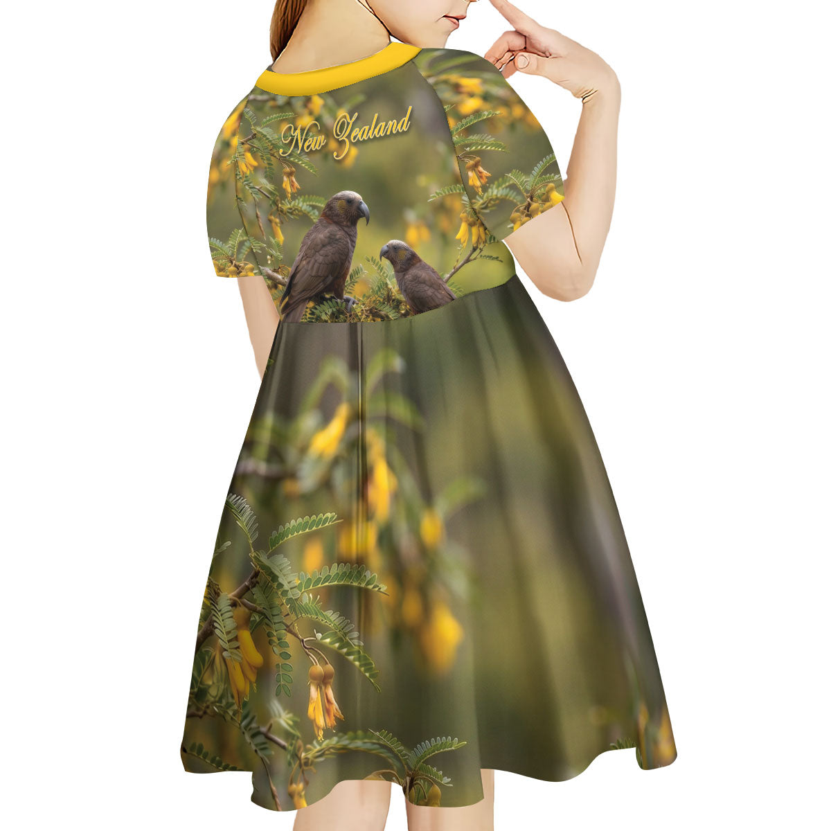 New Zealand Kaka Bird Kid Short Sleeve Dress Kowhai Flower Landscape Style LT22 - Polynesian Pride