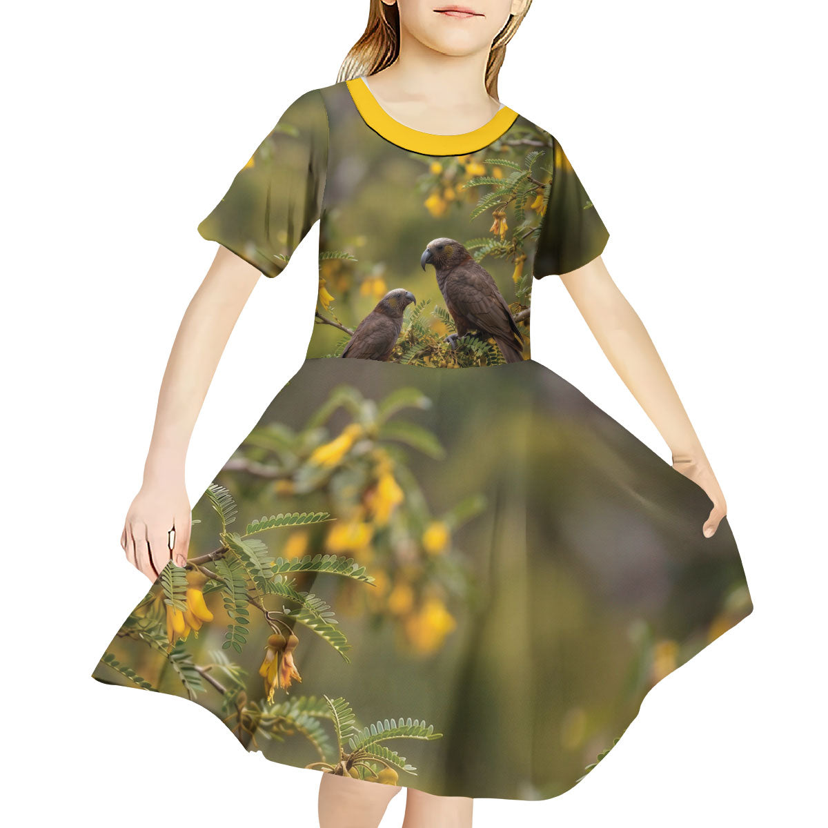 New Zealand Kaka Bird Kid Short Sleeve Dress Kowhai Flower Landscape Style LT22 - Polynesian Pride