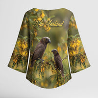 New Zealand Kaka Bird Kimono Sleeve Blouse Kowhai Flower Landscape Style