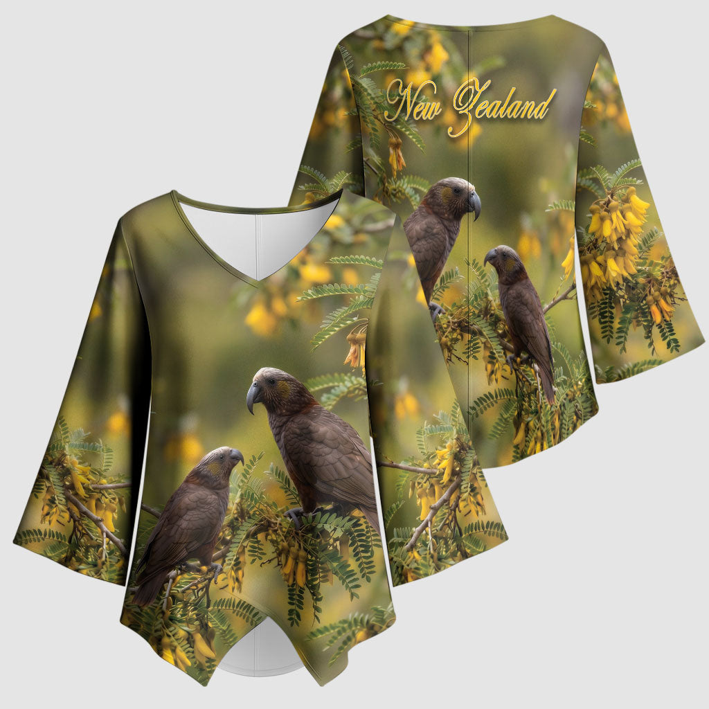 New Zealand Kaka Bird Kimono Sleeve Blouse Kowhai Flower Landscape Style
