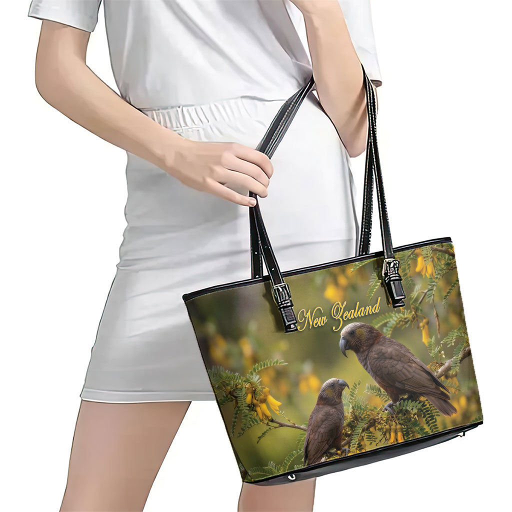 New Zealand Kaka Bird Leather Tote Bag Kowhai Flower Landscape Style