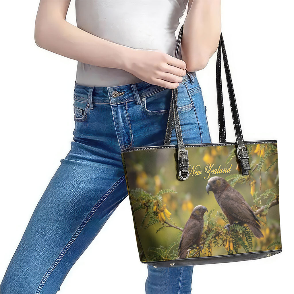 New Zealand Kaka Bird Leather Tote Bag Kowhai Flower Landscape Style