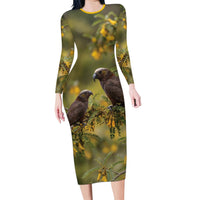 New Zealand Kaka Bird Long Sleeve Bodycon Dress Kowhai Flower Landscape Style LT22 Long Dress Green - Polynesian Pride