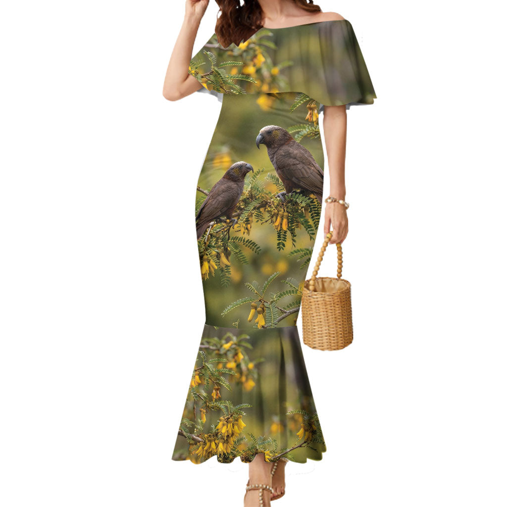 New Zealand Kaka Bird Mermaid Dress Kowhai Flower Landscape Style LT22 Women Green - Polynesian Pride