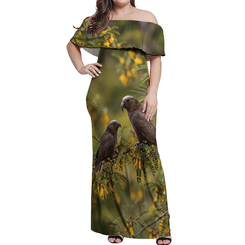 New Zealand Kaka Bird Off Shoulder Maxi Dress Kowhai Flower Landscape Style LT22 Women Green - Polynesian Pride