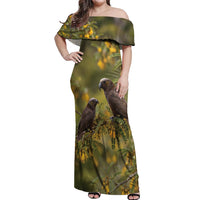 New Zealand Kaka Bird Off Shoulder Maxi Dress Kowhai Flower Landscape Style LT22 Women Green - Polynesian Pride